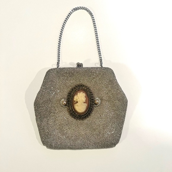 Vintage Handbags - Vintage beaded cameo handbag tote purse wedding bridal cameo 1960’s silver